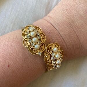 Vintage Clamper Hinged Bracelet‎ with Rhinestones and Glass Pearls